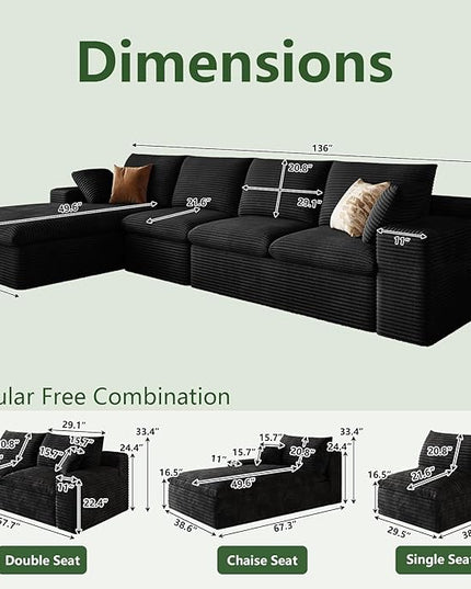 136" Cloud Couch Modular Sectional Sofa for Living Room, L-Shape Boneless Couch with Deep Seat, Modern Corduroy 4-Seater, No Assembly Required (Black,Left-Facing Chaise)