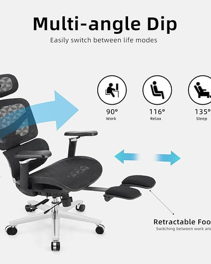 Ergonomic Home Office Desk Chair with Massage Lumbar Support，4D Headrest & 5D Armrests, Reclining Big and Tall 400LBS Mesh Chair with Footrest，Adjustable Back High and Seat Depth(Black)