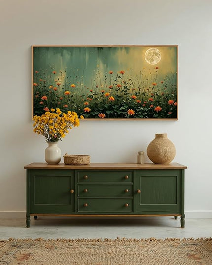 HOURIA Mystical Midnight Wildflower Framed Canvas Wall Art Set,Moonlit Orange Floral Wall Decor,Nature Inspired Landscape Artwork,Watercolor Art Prints for Living Room,Bedroom,Farmhouse- 20"×40"×1