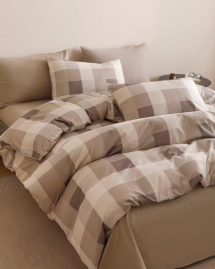 Luxlovery Checkered Khaki Beige Comforter Set Full Plaid Comforter Teens Women Gingham Grid Bedding Set Fluffy Soft Cottagecore Khaki and Cream Coffee Blanket Quilts with 2 Pillowcases Full Bed