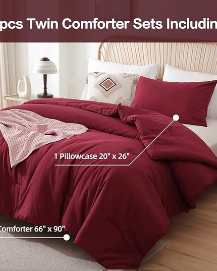 ROSGONIA Twin Comforter & Pillowcase for College Girls & Boys - Dark Red, Lightweight Dorm Bedding