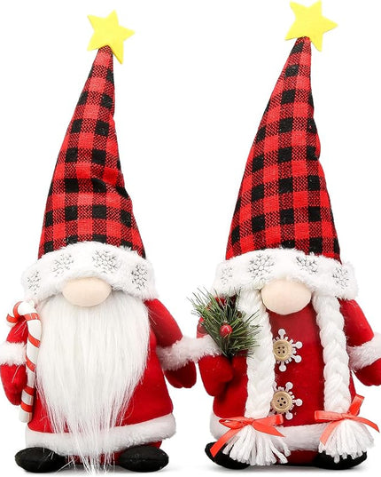 Lovinland Christmas Gnomes Plush Couple with Red Buffalo Check - Xmas Gnomes Elf Tomte Ornaments Doll - Christmas Decorations - Xmas Decorations for Home, Indoor, Office