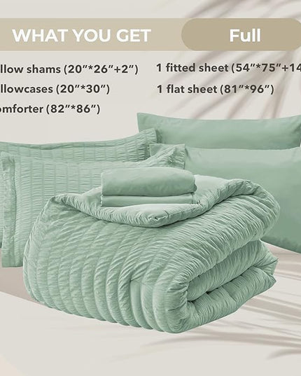 HYMOKEGE Sage Green Full Size Comforter Sets Seersucker 7 Pieces, All Season Luxury Bed in a Bag for Bedroom, Bedding Set with Comforters, Sheets, Pillowcases & Shams