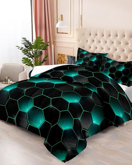 Geometric Black Green Neon Comforter Set,Light Honeycomb 3 Piece Bedding Set King for Teen Boys,Modern Bedding Quilt Set Geometry Decor,Microfiber Lightweight 1 Comforter 2 Pillowcases All Season