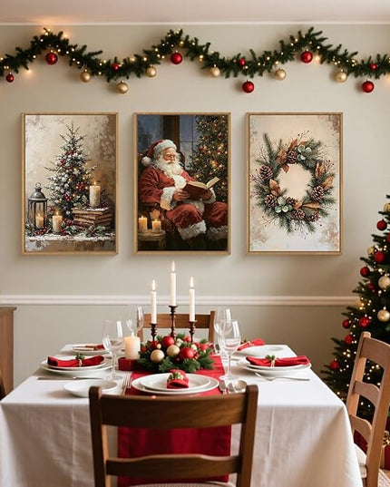 HOURIA Vintage Christmas Framed Canvas Wall Art Set,Santa Claus Reading Book Decor, Wreath Pinecone Berries Artwork,Cozy Night Tree Candle Lantern Prints for Living Room,Xmas 24"x36"x3