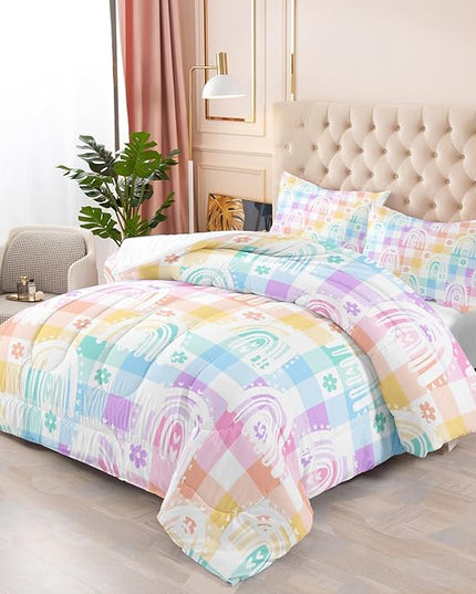 Colorful Boho Rainbow Comforter Set,Colorful Checker 3 Piece Bedding Set Full for Boy Girl,70s 80s 90s Bedding Quilt Set 70s Decor,Soft Microfiber Lightweight 1 Comforter 2 Pillowcases All Season