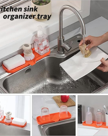 Silicone Bathroom Soap Dishes with Drain Spout-Bathroom and Kitchen Sink Organizer,Sponge Holder,Dish Soap Tray,Perfect for Dispenser,Scrubber,Bottle,Cup on Sink or Counter-Orange 12"×4"