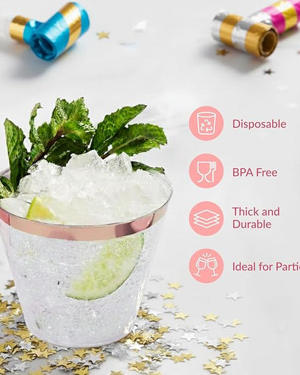 Prestee 100 Rose Gold Plastic Cups - Rose Gold Plastic Cups 9 oz - Party Decorations - Disposable Wine Cup - Clear Cup - Bulk Party Wine Glasses
