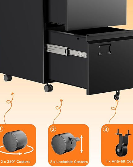 METAN 2 Drawer Vertical File Cabinet with Lock, Mobile Metal Filing Cabinet for Legal/Letter Size, Office Storage File Cabinet Under Desk with Card Holder,Assembly Required, Black