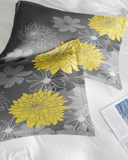 Comforter Set Queen Size, Vintage Flower 7 Pcs Bedding for Kids and Adults, Yellow Botanical Floral Bed Sheet Sets with Fitted Sheet 2 Pillowcases & 2 Shams
