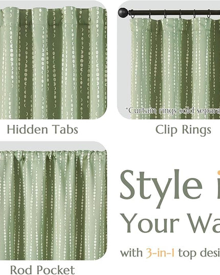 jinchan 95% Blackout Bohemian Moon Phase Print Bedroom Curtains 84 inch Long sage Green Pole Pocket Rear tab Thermal Curtains for Nursery Set 2 Panels