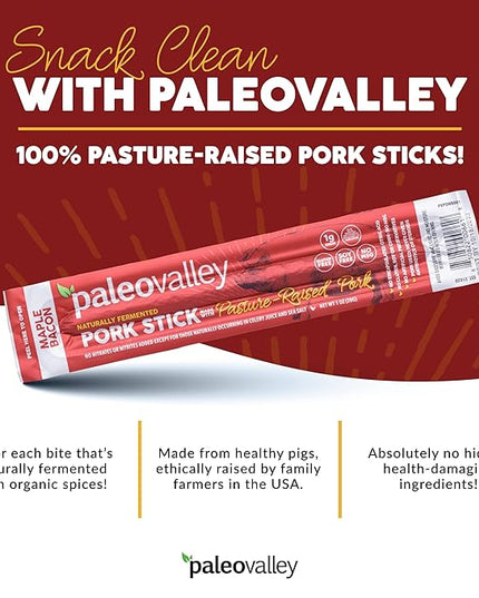 Paleovalley Pasture-Raised Pork Sticks - Maple Bacon Flavor Meat Sticks Individually Wrapped, 28g - 10 Sticks - Gluten-Free Protein Snack