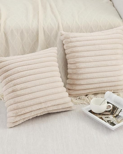 Pallene Faux Fur Plush Throw Pillow Covers 18x18 Set of 2, Luxury Soft Fluffy Striped Decorative Pillow Covers for Sofa, Couch, Living Room, Apricot