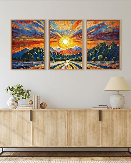 HOURIA Large Natural Mountain Forest Framed Canvas Wall Art Set,Wilderness Sunrise Wall Decor,Boho Pine Tree Square Ridge Artwork,Modern Field Art Print for Living Room, Office, Farmhouse- 24"x36"x3