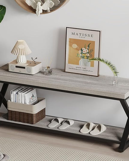 IBF Industrial Wood Entryway Bench, Indoor Farmhouse Hallway Accent Entry Bench for Seating Sitting with Storage, Metal Shoe Rack Grey Bench Organizer in Foyer Bedroom, Light Grey Oak, 47 Inch Long
