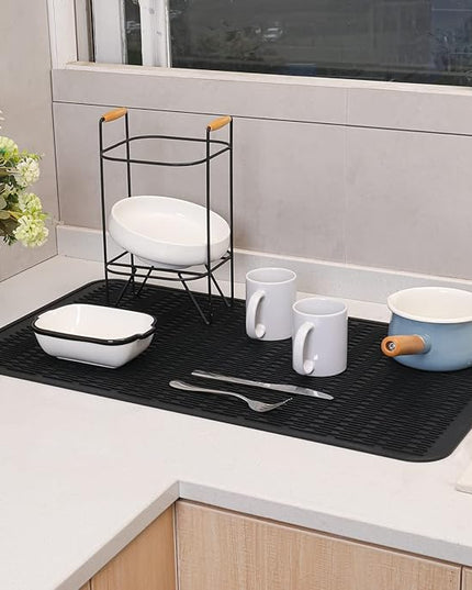 Silicone Dish Drying Mat for Multiple Usage,Easy clean,Eco-friendly,Heat-resistant Silicone Mat for Kitchen Counter or Sink,Refrigerator or Drawer Liner Black 4XL 32 inches x 18 inches