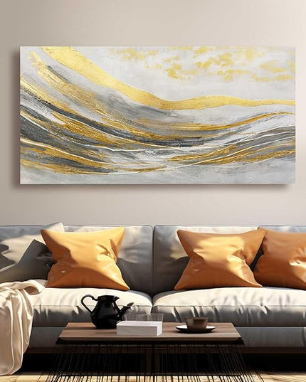 Artexist Abstract Line Wall Art Prints, Gold & Grey, 24"x48" Large Canvas Wall Pictures for Living Room, Bedroom, Office Decor