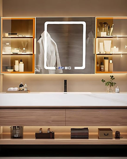 Single Sink Bathroom Vanity, Bathroom Cabinet has LED Lights Fog Mirror & Solid Wood Body, Glass Side Cabinet with Light (Light Brown, 48'')