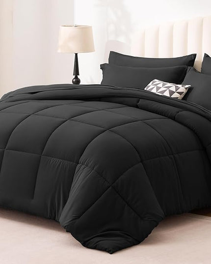 Love's cabin King Size Comforter Set Ash Black, 7 Pieces King Bed in a Bag, All Season Bedding Sets with 1 Comforter, 1 Flat Sheet, 1 Fitted Sheet, 2 Pillowcase and 2 Pillow Sham