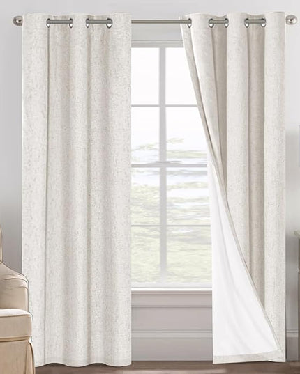 H.VERSAILTEX Ivory Curtains Blackout, 100% Blackout Linen Curtains with White Thermal Insulated Liner, Grommet Drapes Blackout Curtains for Living Room (2 Panels, 42 x 84 Inch, Ivory)