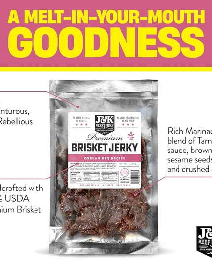 J&K Beef Brisket Jerky - Korean BBQ - Hand Crafted Small Batch American Made Slab Jerky - Bold & Flavorful Snack! - 7oz Big Bag