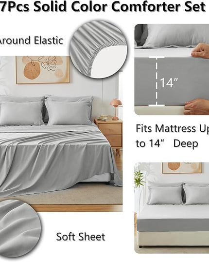 CozyLux Full Size Comforter Set Light Grey, 7 Pieces Bed in a Bag Full Comforter Set with Sheets, Bedding Set with Down Alternative Comforter, Fitted Sheet, Flat Sheet, Pillow Shams and Pillowcases