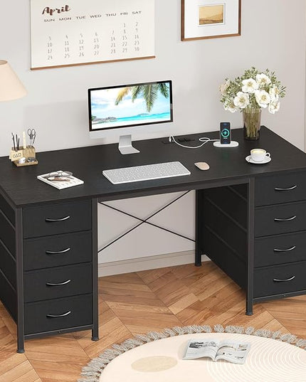 50 Inch Computer Desk with 8 Drawers, Home Office Desk with Power Outlets, Work Study Gaming Desk with 8 Fabric Drawers, Black