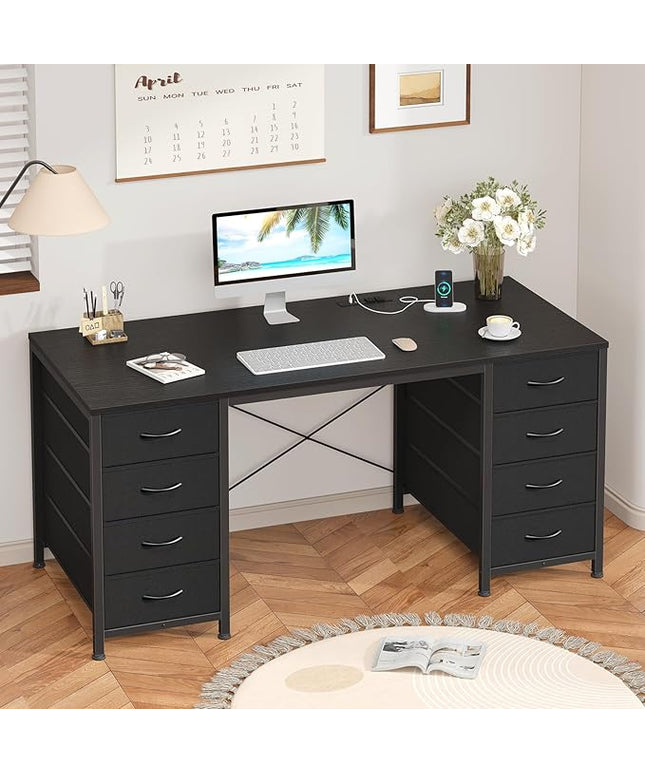 50 Inch Computer Desk with 8 Drawers, Home Office Desk with Power Outlets, Work Study Gaming Desk with 8 Fabric Drawers, Black