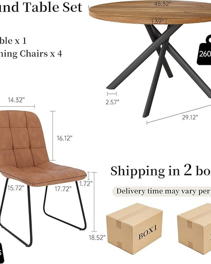 45.3 Inch Round Dining Table Set for 4, Mid Century Modern Small Coffee Set for Dining Room Kitchen Apartment (Light Walnut + 4 U-Shaped Brown Chairs)