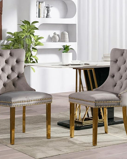 SoarFlash Velvet Dining Chair Set of 2, Upholstered Tufted Dining Room Chair with Nailhead Trim and Solid Gold Plated Leg for Kitchen(Grey)