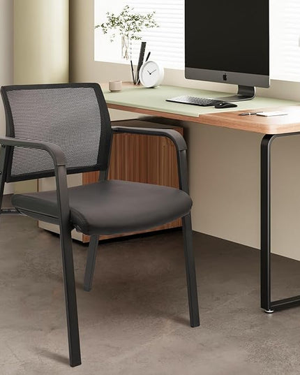 CLATINA Stackable Office Chair, Mesh Back Guest Chairs with Comfortable Leather Seat Arms Stacking Ergonomic Desk Chair No Wheels for Conference Waiting Reception School Stationary, Black, Set of 2