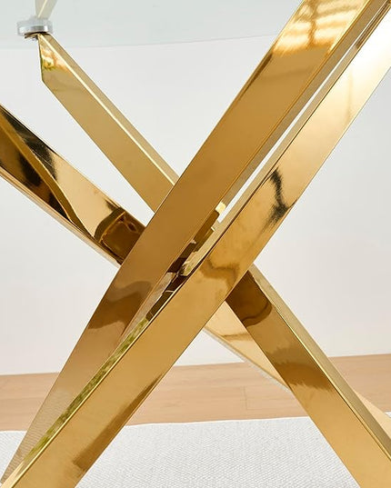 47.24" Round Glass Dining Table Modern Kitchen Glass Top Table for 6 with Gold Chrome Metal Legs, Clear Dining Table Kitchen Table for Home Office Dining Room