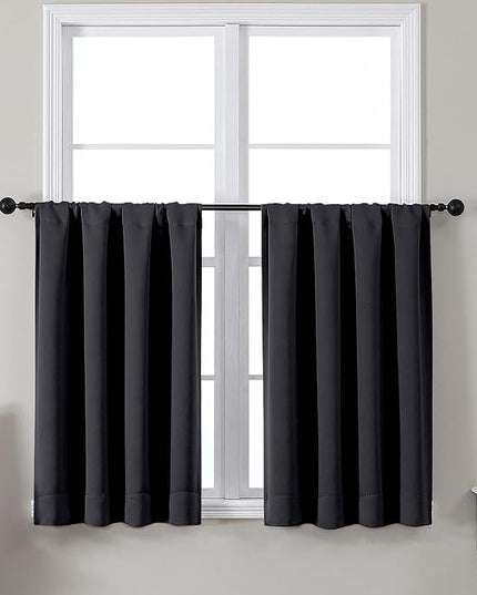 Gwine Short Blackout Curtains 36 Inches Long, Small Curtains Over Sink, Thermal Insulated Room Darkening Drapes for Bathroom Basement Patio Cabinet, 2 PCS, Each 40" Wx36 L, Black