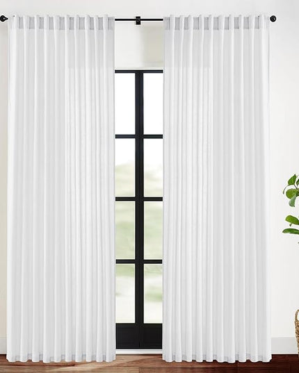 White Curtains 70 Inch Wide by 84 Long for 72 in Width Window,2 Panels Linen Cotton Back Tab Hooks Pleated Light Filtering Semi Privacy Extra Wide Sheer Curtains for Bedroom Living Room,70x84 Length