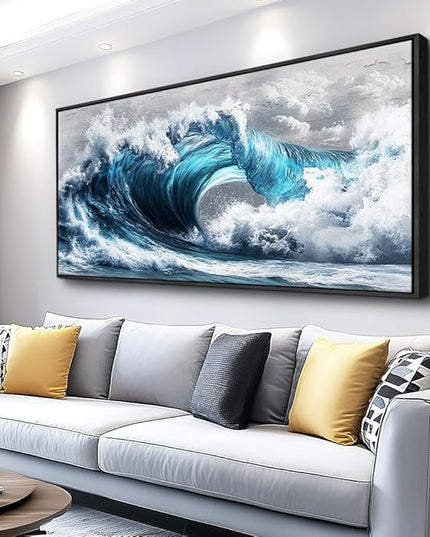 PHAOHUAXM Large Canvas Wall Art For Living Room Wall Decor For Bedroom Ocean Inspiration Wall Pictures Office Mural Decorations Posters Blue Wave Paintings Modern Home Decor Black Framed 24x48 In