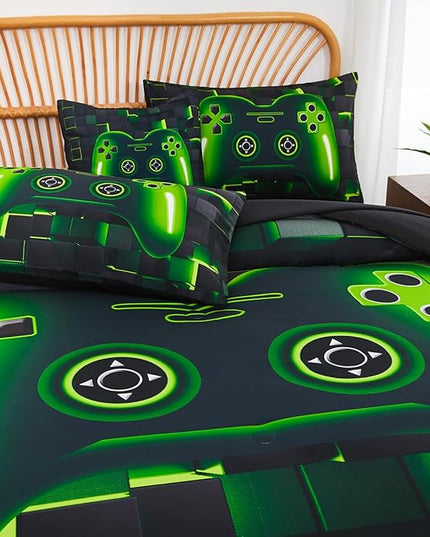 PERFEMET 6 Pcs Gaming Bedding Set Queen Size Green Game Console Kids Bed in A Bag 3D Black Gamer Comforter Set with Sheets for Boys Teen Lightweight Video Gamepad Bedroom Set(Green, Queen)
