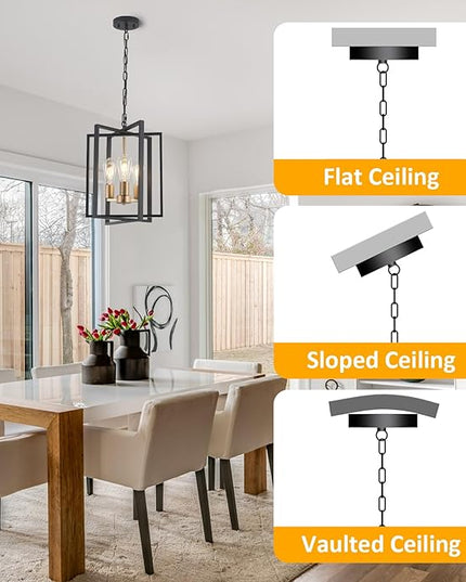 Black Gold Chandelier for Dining Room, Modern Farmhouse 3 Light Entryway Pendant Light Fixture Adjustable Geometric Industrial Rustic Foyer Light for Living Room Kitchen Island Hallway Bedroom
