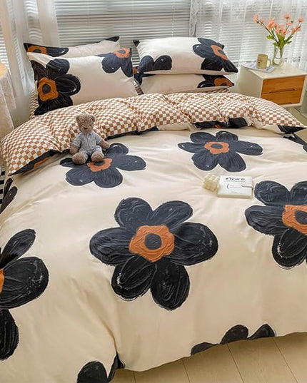 CLOTHKNOW Black Floral Full Size Comforter Sets Sunflower Bedding Comforter Sets Pumpkin Plaid Comforter Beige Black Comforter with 2 x Pillow Cases