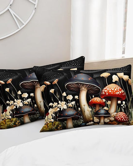 AILONEN Red and Black Mushroom Bedding Queen Size,Cartoon Mushroom Boho Comforter Set,Plant Fungus Flower Starry Moon Comforter with 2 Pillowcases for Boys Girls Kids,3 Pieces