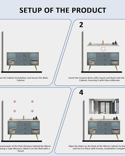 44IN Bathroom Vanity - Bathroom Vanity with Sink Set with Transparent Glass Cabinet Door, Mirror Cabinet Intelligent Demisting & LED Lights | Gold Bathroom Vanity Cabinet with Copper Faucet
