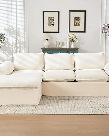105.6”L Shape Modular Sectional Couch for Living Room, Modern Cloud Sectional 3 Seat Sofa with Oversized Chaise, Woven Texture Upholstery Boneless Couch (Beige, Left Facing Chaise)