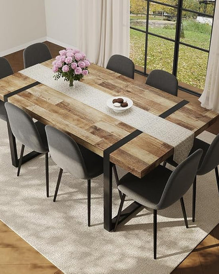 FURNITO Wood Dining Table Set for 8, 71" Large Rectangular Kitchen & Dining Room Table with 8 Fabric Linen Chairs, Modern Farmhouse Dining Set for Home, Living Room, Office, or Conference Room