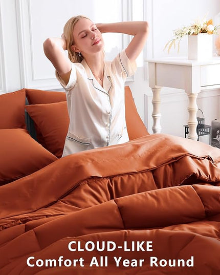CozyLux Queen Comforter Set Terracotta, 7 Pieces Bed in a Bag, Burnt Orange Fall Comforter Queen Size, All Season Bedding Sets with Stitch Quilted Comforter, Flat Sheet, Fitted Sheet, Pillowcases