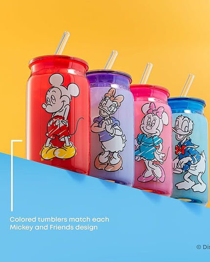 JoyJolt Disney Mickey Mouse and Friends Color Sketch Glass Tumblers with Lids and Straws, 16oz Glass Cups with Lids and Straws, Can Shaped Drinking Glasses Set of 4, Disney Gifts for Adults