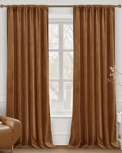 LAMIT Bronze Brown Velvet Curtains for Living Room 108 Inches Long, Mid Century Thermal Blackout Curtains Room Darkening Back Tab and Rod Pocket Panels for French Country, 2 Panels, 52 x 108 Inch