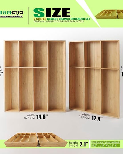 V-Shaped Extra Large Bamboo Drawer Organizer Set of 2, Kitchen Cutlery Tray Utensil Plate, Flatware&Silverware Storage Box, Wood Organizer for Bedroom, Living Room (19.6"x14.6" & 19.6"x12.4")