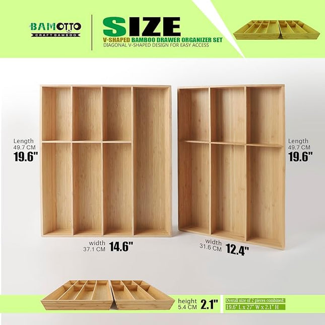 V-Shaped Extra Large Bamboo Drawer Organizer Set of 2, Kitchen Cutlery Tray Utensil Plate, Flatware&Silverware Storage Box, Wood Organizer for Bedroom, Living Room (19.6"x14.6" & 19.6"x12.4")