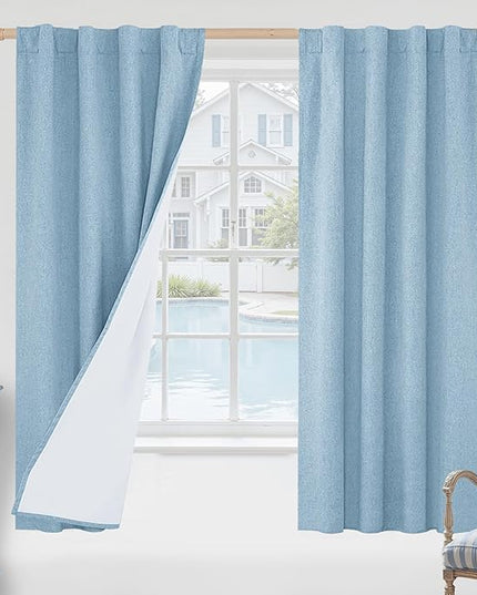 LAMIT Stone Blue 100% Blackout Linen Curtains, 63 Inches Linen Textured Thermal Bedroom Curtains Back Tab and Rod Pocket Neutral Panels with White Liner for Farmhouse, 2 Panels, 38 x 63 Inch