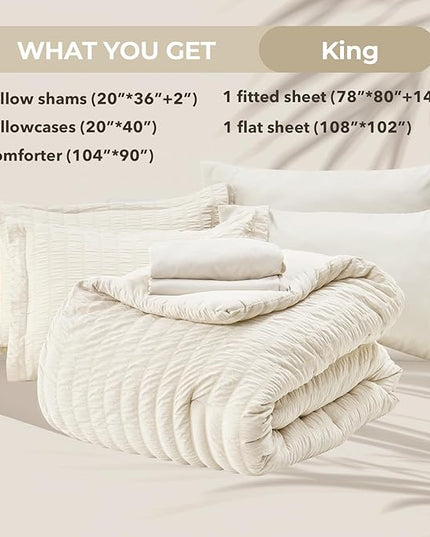 HYMOKEGE Ivory King Size Comforter Set Seersucker 7 Pieces, All Season Luxury Bed in a Bag for Bedroom, Bedding Set with Comforters, Sheets, Pillowcases & Shams