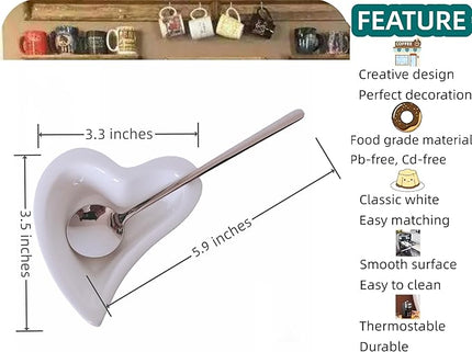Coffee & Tea Spoon and Rest Set for Coffee Bar Accessories, Heart Cute Mini & Small Coffee Spoon Rest & Holder for Coffee Station & Bar, Teaspoon Rest & Holder (White Rest with Silver Spoon*2)